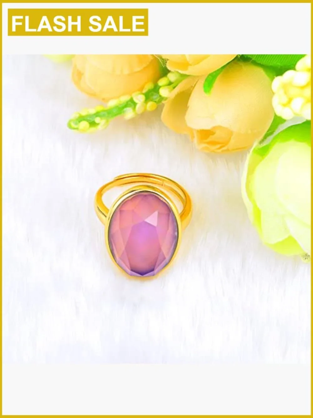 Facet Crystal Oval Mood Ring 18K Gold Plated Adjustable